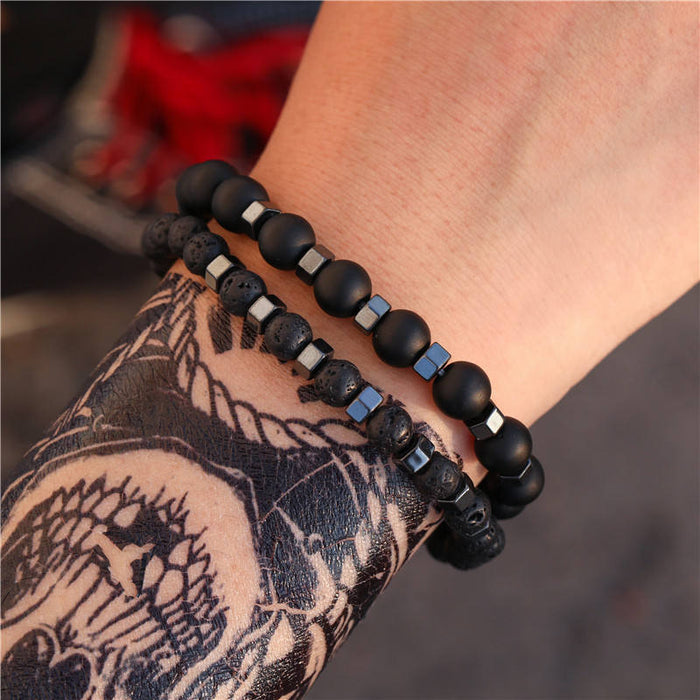 2pcs/set Beaded Bracelet Men 8mm Lava Tiger Eye Stone Bead Charm Men Bracelet Sets