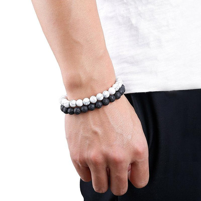 Pack of Men's Hypoallergic Jewelry Spiral Bar Pendant Necklace Stainless Steel Chain & Volcanic Stone Bracelet