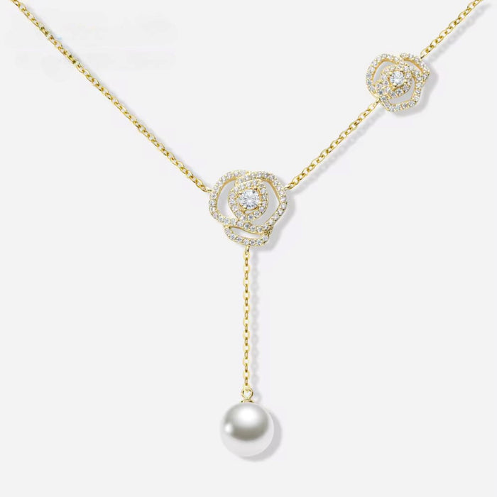 925 Silver 18k Gold plated Elegant Floral Pendant Necklace with White Pearl & Cubic Zirconia - Perfect Gift for Her