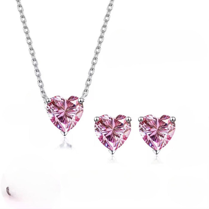 925 Sterling Silver Necklace Earrings Zirconia Pink Heart Jewelry Set for Women Everyday Wear Valentine's Day Gift