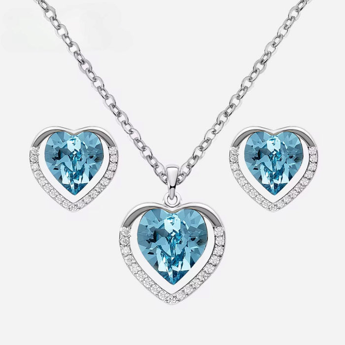 925 Sterling Silver Blue Zircon Heart Necklace Set