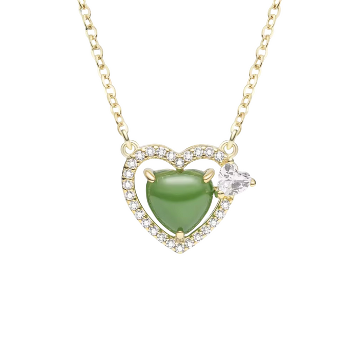 Luxury Heart Pendant Necklace - 925 Sterling Silver & 18k Gold Plated with Natural Jade