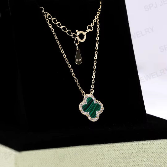 925 Sterling Silver 14k Gold Plated Malachite Stone Pendant Necklace