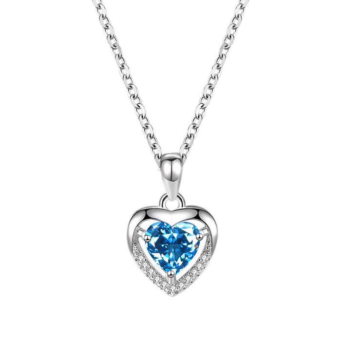 Elegant Blue Zircon Rhodium Plated 925 Silver Pendant Necklace