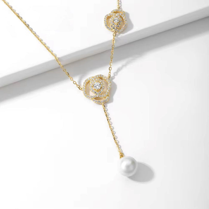 925 Silver 18k Gold plated Elegant Floral Pendant Necklace with White Pearl & Cubic Zirconia - Perfect Gift for Her