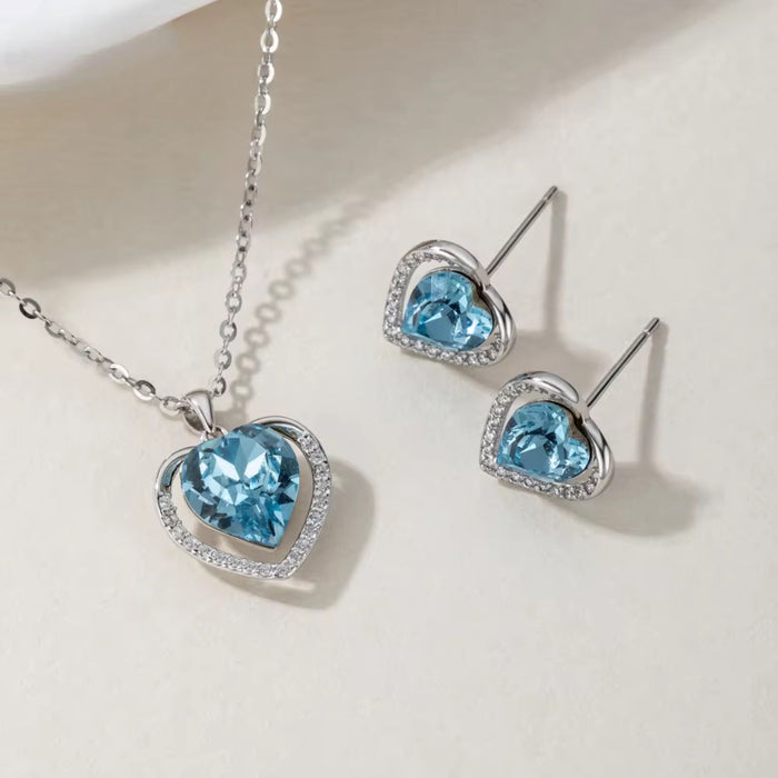 925 Sterling Silver Blue Zircon Heart Necklace Set