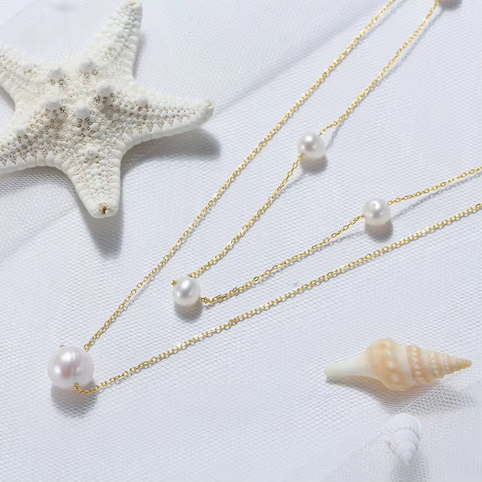 Elegant 925 Sterling Silver Gold Plated Natural Freshwater Pearl Layered Necklace