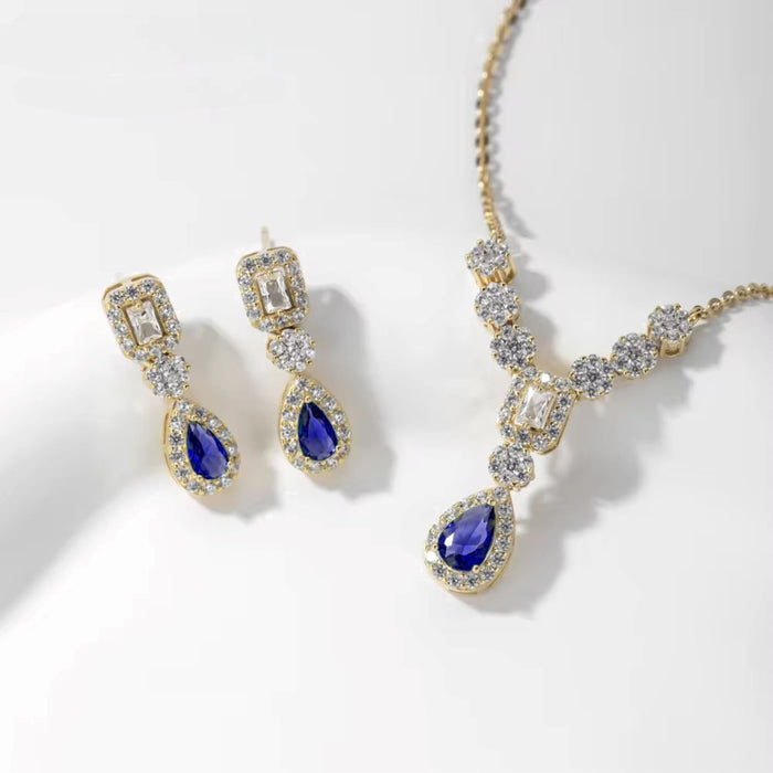 Elegant Blue Sapphire CZ Jewelry Set in 925 Sterling Silver 18k Gold Plating - Perfect Gift for Her