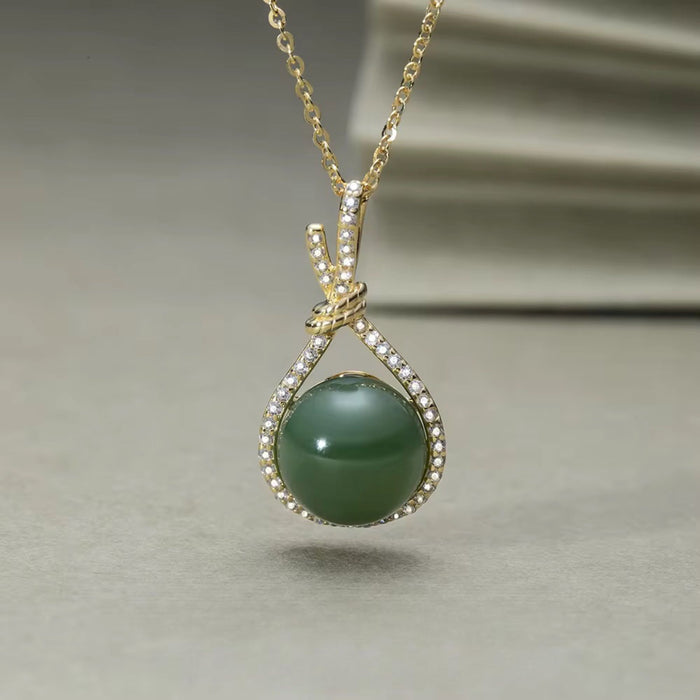 925 Sterling Silver 18K Gold Plated Natural African Jade Stone Pendant Necklace