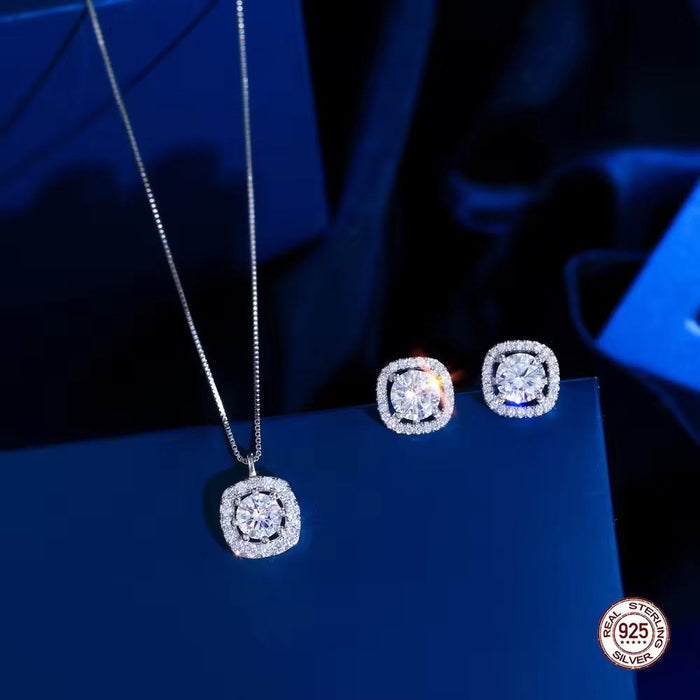 Cubic Zirconia Pave S925 Sterling Silver Pendant Necklace Earrings Jewelry Set for Women Match Daily Outfits Party