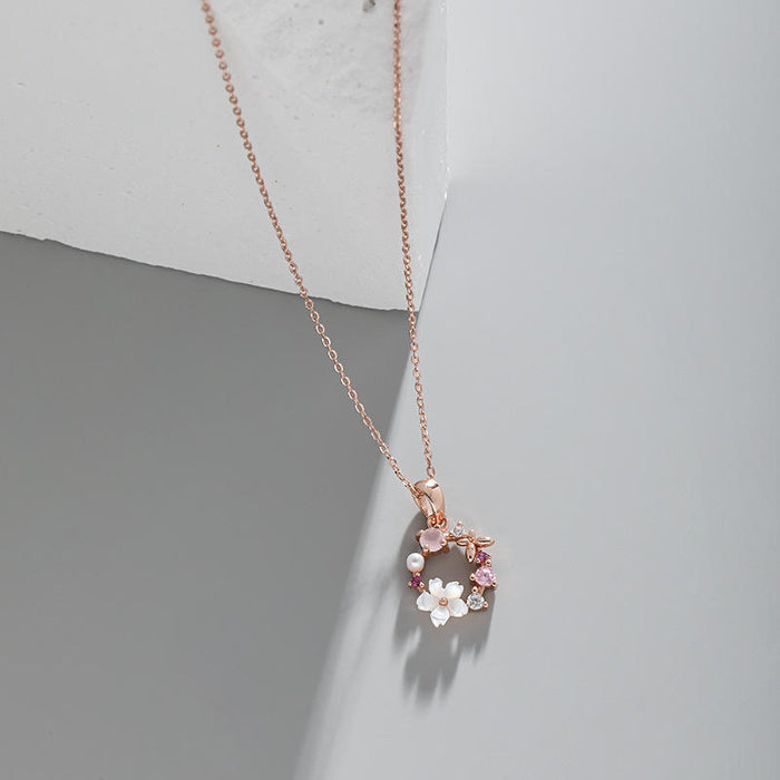 925 Sterling Silver Shell Pink Flower Zircon Necklace Hawaiian Style Romantic with Rhodium Plating 