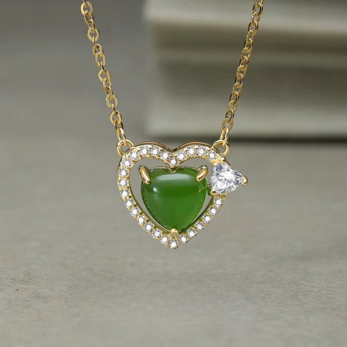 Luxury Heart Pendant Necklace - 925 Sterling Silver & 18k Gold Plated with Natural Jade