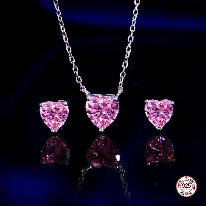 925 Sterling Silver Necklace Earrings Zirconia Pink Heart Jewelry Set for Women Everyday Wear Valentine's Day Gift
