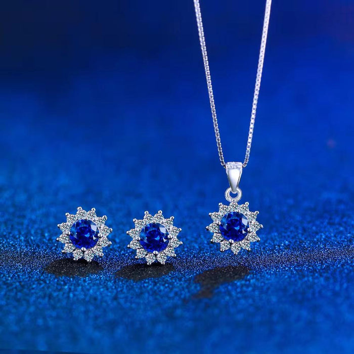 Blue Floral Cubic Zirconia Pave S925 Sterling Silver Pendant Necklace Earrings Jewelry Set for Women