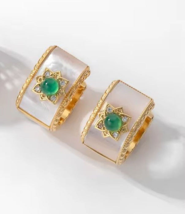 925 Sterling Silver | Trendy Medieval Court Hallow Round Hoop Earrings | Green Zircon | 18K gold plated | Gift for Women and Girls