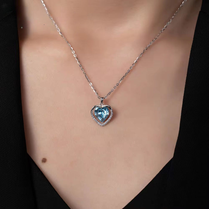 925 Sterling Silver Blue Zircon Heart Necklace Set