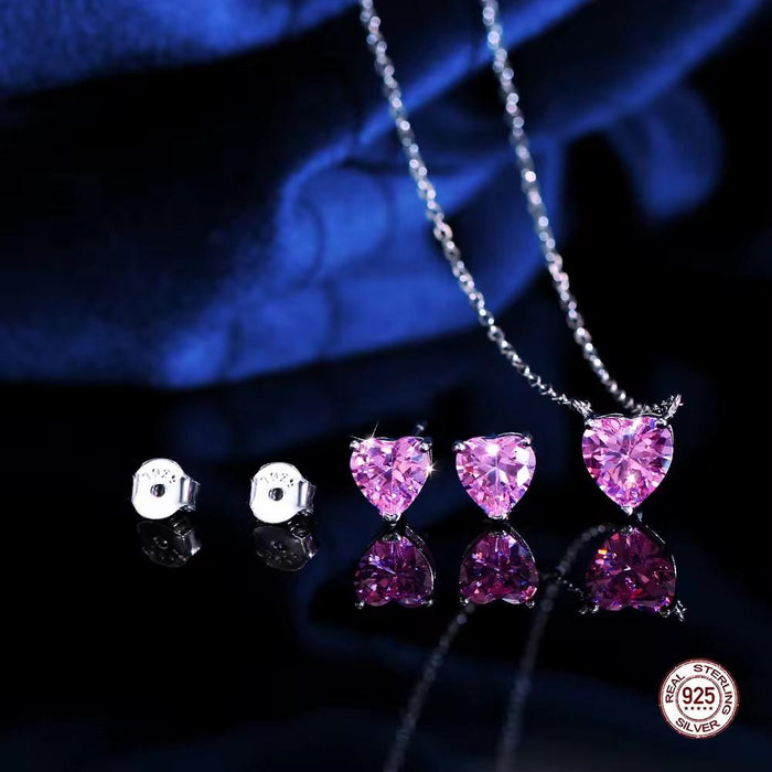 925 Sterling Silver Necklace Earrings Zirconia Pink Heart Jewelry Set for Women Everyday Wear Valentine's Day Gift