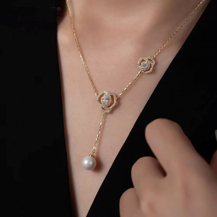 925 Silver 18k Gold plated Elegant Floral Pendant Necklace with White Pearl & Cubic Zirconia - Perfect Gift for Her