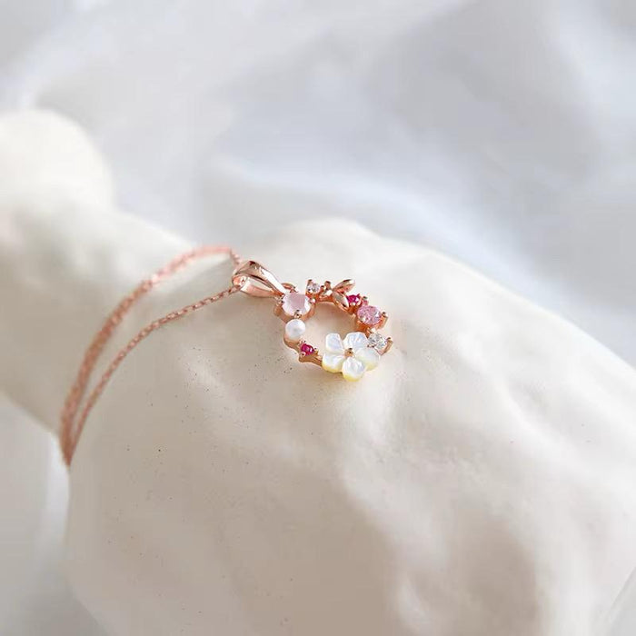 925 Sterling Silver Shell Pink Flower Zircon Necklace Hawaiian Style Romantic with Rhodium Plating 