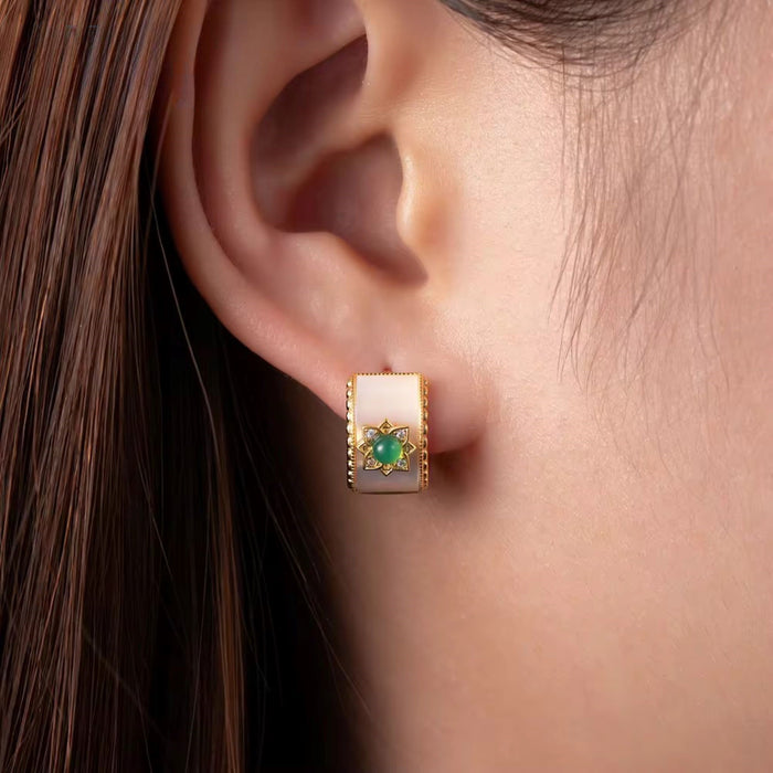 925 Sterling Silver | Trendy Medieval Court Hallow Round Hoop Earrings | Green Zircon | 18K gold plated | Gift for Women and Girls