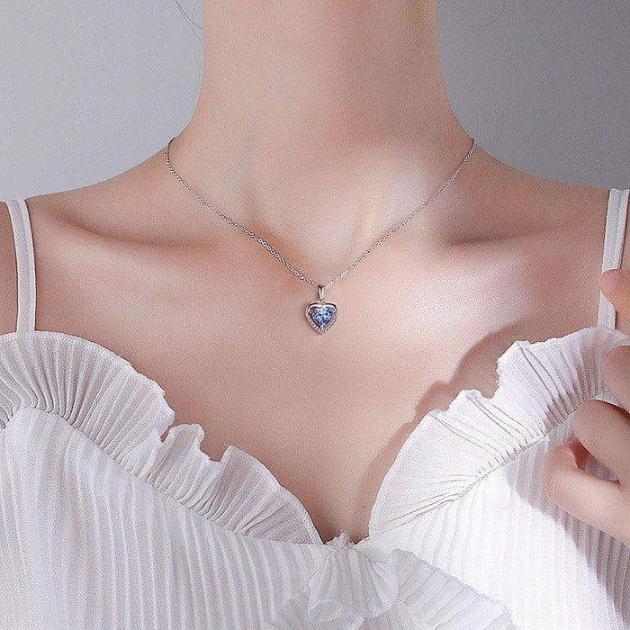 Elegant Blue Zircon Rhodium Plated 925 Silver Pendant Necklace