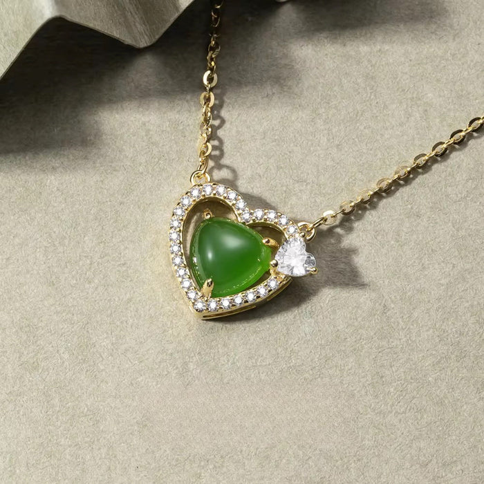 Luxury Heart Pendant Necklace - 925 Sterling Silver & 18k Gold Plated with Natural Jade