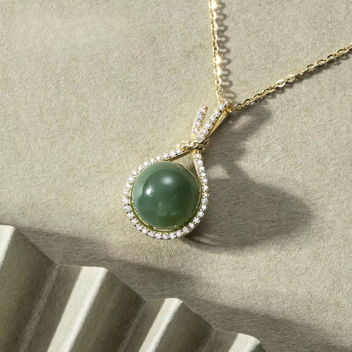 925 Sterling Silver 18K Gold Plated Natural African Jade Stone Pendant Necklace