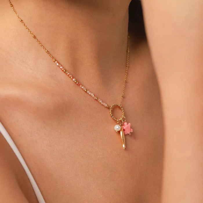 18K Real Gold-Plated Stainless-Steel Classic Beaded Fish Turtle Charm Necklace for Women