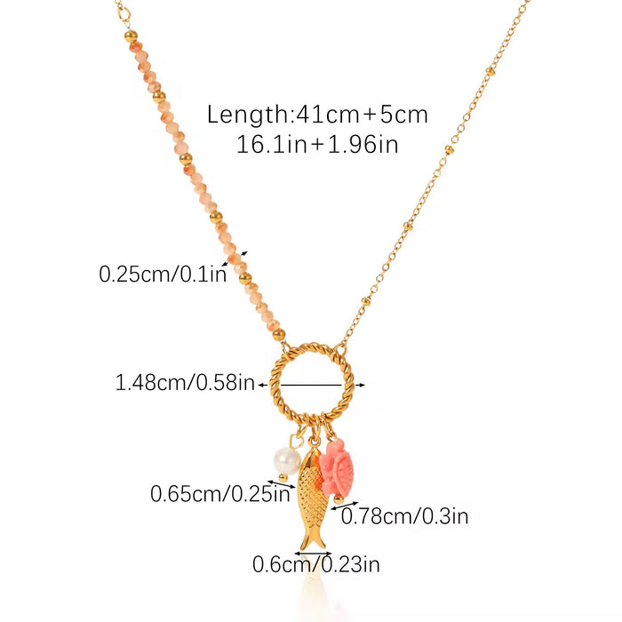 18K Real Gold-Plated Stainless-Steel Classic Beaded Fish Turtle Charm Necklace for Women