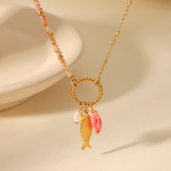 18K Real Gold-Plated Stainless-Steel Classic Beaded Fish Turtle Charm Necklace for Women