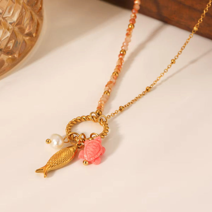 18K Real Gold-Plated Stainless-Steel Classic Beaded Fish Turtle Charm Necklace for Women