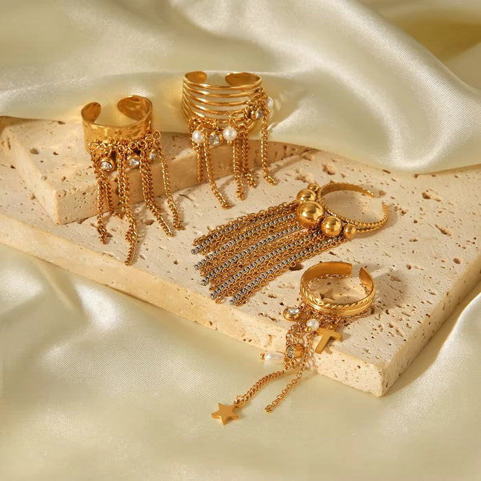 18K Real Gold-Plated Tassel Open Adjustable Statement Ring