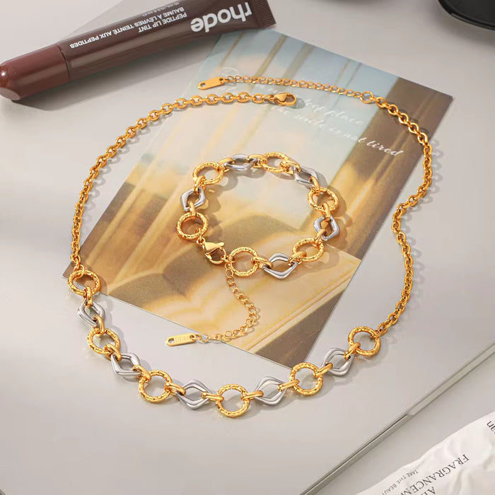 18K Real Gold-Plated Stainless Steel Hammered O Square Links Necklace for Women
