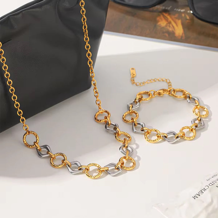 18K Real Gold-Plated Stainless Steel Hammered O Square Links Necklace for Women