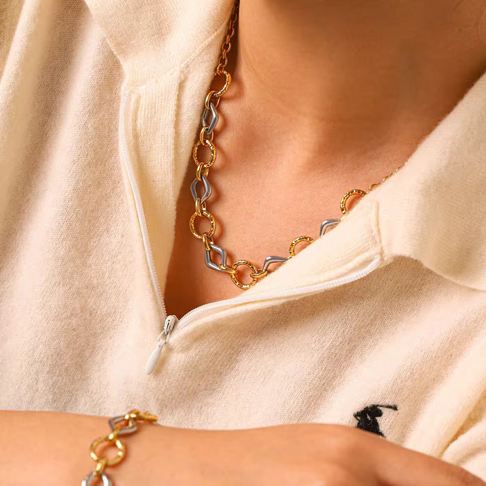 18K Real Gold-Plated Stainless Steel Hammered O Square Links Necklace for Women
