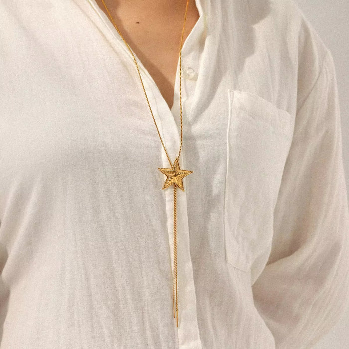 18K Real Gold-Plated Stainless Textured Star Y Lariat Adjustable Long Tassel Necklace for Women