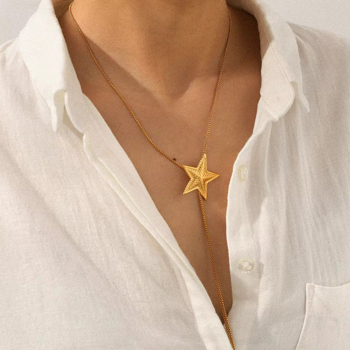 18K Real Gold-Plated Stainless Textured Star Y Lariat Adjustable Long Tassel Necklace for Women