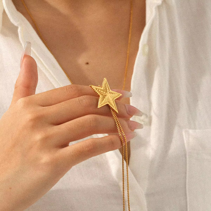 18K Real Gold-Plated Stainless Textured Star Y Lariat Adjustable Long Tassel Necklace for Women