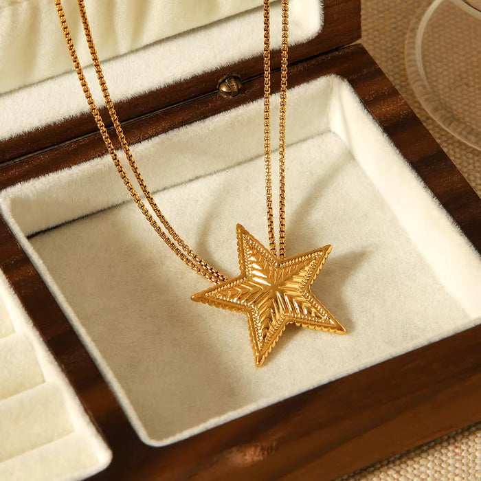 18K Real Gold-Plated Stainless Textured Star Y Lariat Adjustable Long Tassel Necklace for Women