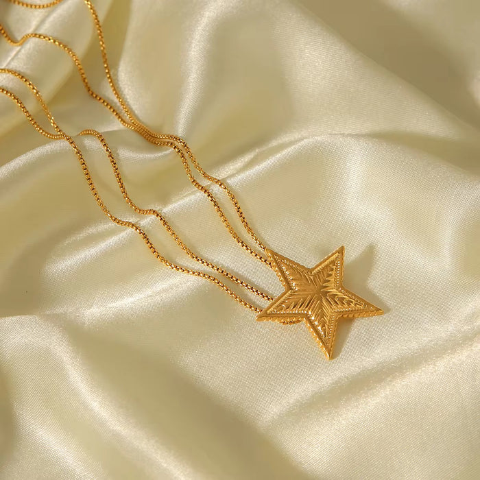 18K Real Gold-Plated Stainless Textured Star Y Lariat Adjustable Long Tassel Necklace for Women