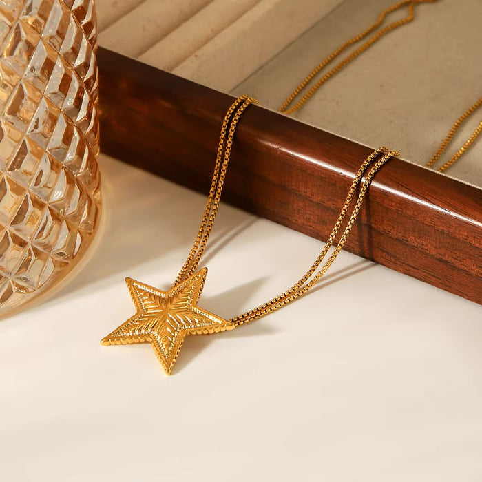 18K Real Gold-Plated Stainless Textured Star Y Lariat Adjustable Long Tassel Necklace for Women