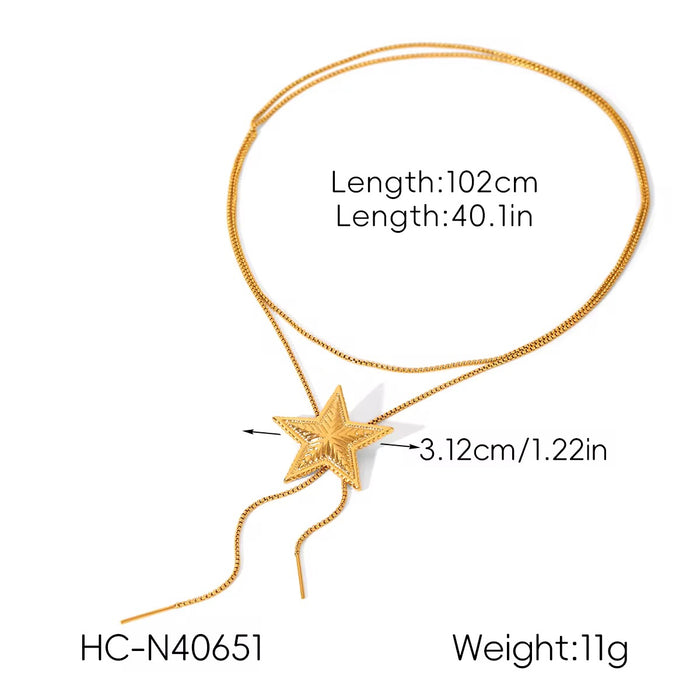 18K Real Gold-Plated Stainless Textured Star Y Lariat Adjustable Long Tassel Necklace for Women