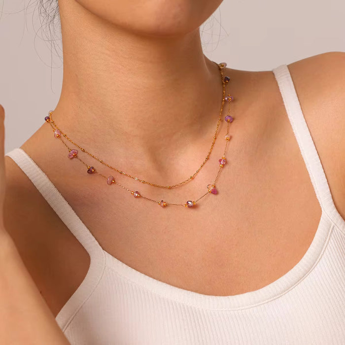 18K Real Gold-Plated Stainless Double Layer Natural Stone Necklace for Women