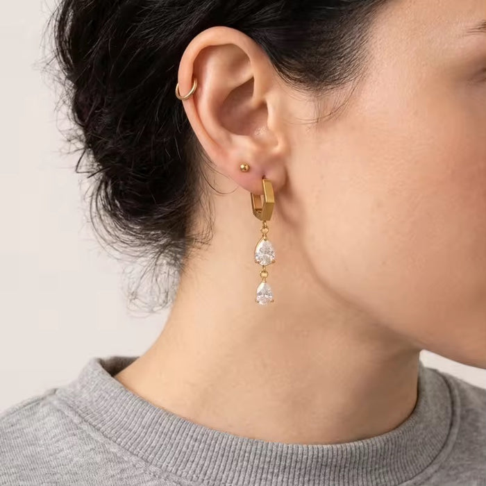 18K Real Gold-Plated Stainless-Steel Cubic Zircon Drop Dangle Earrings for Women
