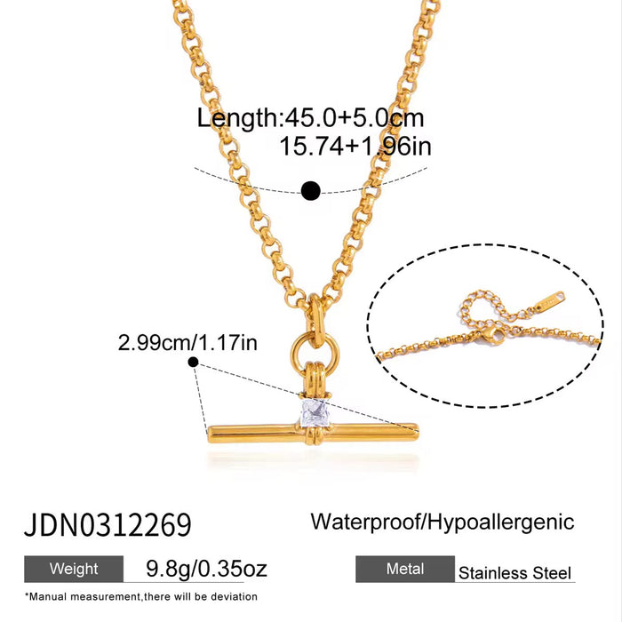 18K Real Gold-Plated Stainless-Steel Luxurious Snake Chain Zircon T-Bar Pendant Necklace for Women