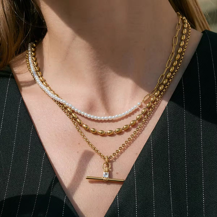 18K Real Gold-Plated Stainless-Steel Luxurious Snake Chain Zircon T-Bar Pendant Necklace for Women