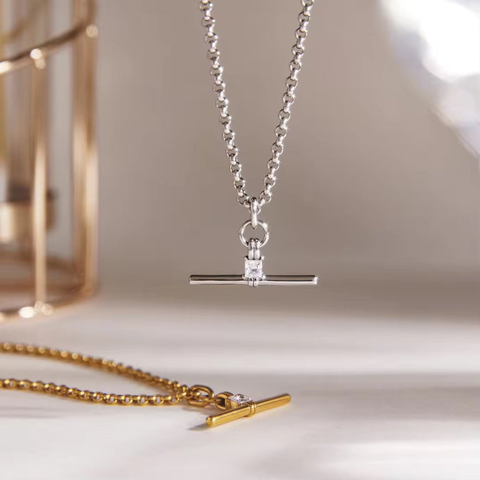18K Real Gold-Plated Stainless-Steel Luxurious Snake Chain Zircon T-Bar Pendant Necklace for Women