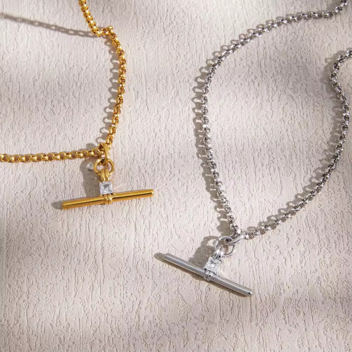 18K Real Gold-Plated Stainless-Steel Luxurious Snake Chain Zircon T-Bar Pendant Necklace for Women