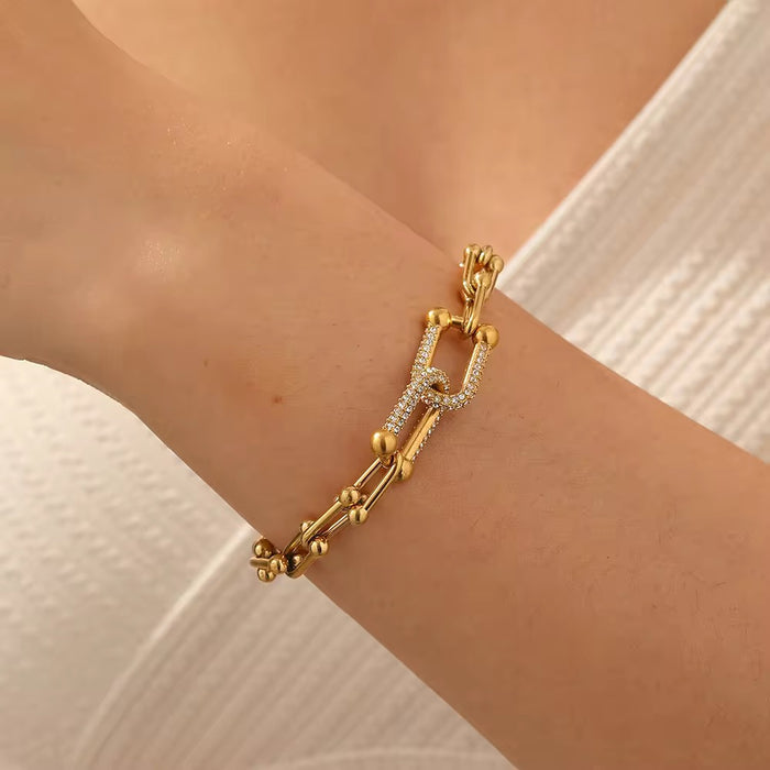 18K Real Gold-Plated Stainless-Steel Adjustable U-Link Paperclip Bracelet for Women
