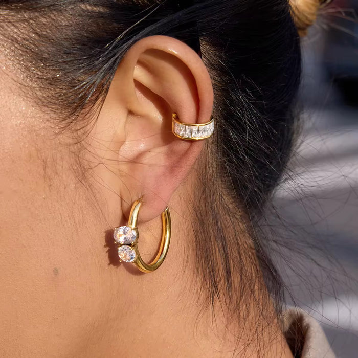 18K Real Gold-Plated Stainless-Steel Classic CZ Hoop Earrings for Women
